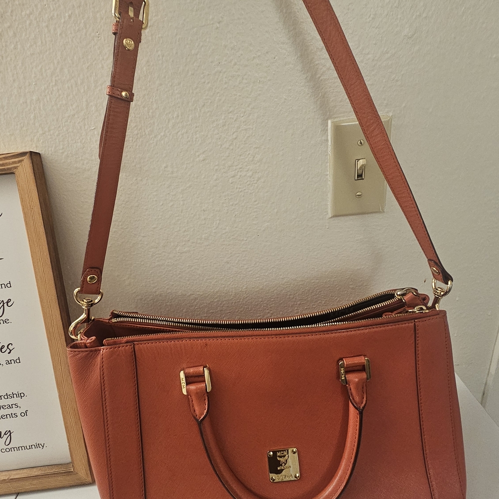 MCM Orange Satchel with Gold Accents - Picture 2 of 14